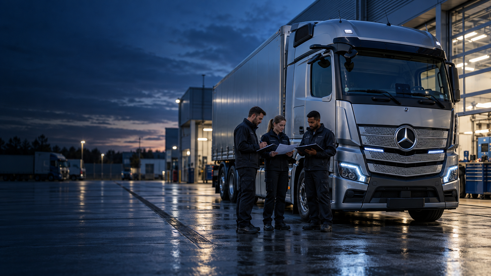Echipă tehnică analizând documente lângă un camion Mercedes-Benz